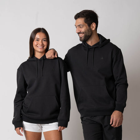 Image of a male and female model each wearing a JOOLA Unisex Fleece Hoodie, Black.