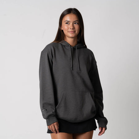 Image of female model wearing a JOOLA Unisex Fleece Hoodie, Charcoal Heather.