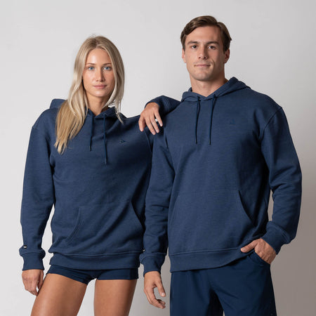 Image showing a male and female model posing in the new JOOLA Unisex Fleece Hoodie, Navy.