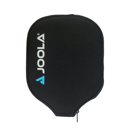 White Background Image: Black neoprene pickleball paddle case with JOOLA logo vertically on the lefthand size. Logo features teal JOOLA Trinity logo icon and 