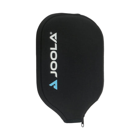 White Background Image: Black neoprene pickleball paddle case with JOOLA logo vertically on the lefthand size. Logo features teal JOOLA Trinity logo icon and 