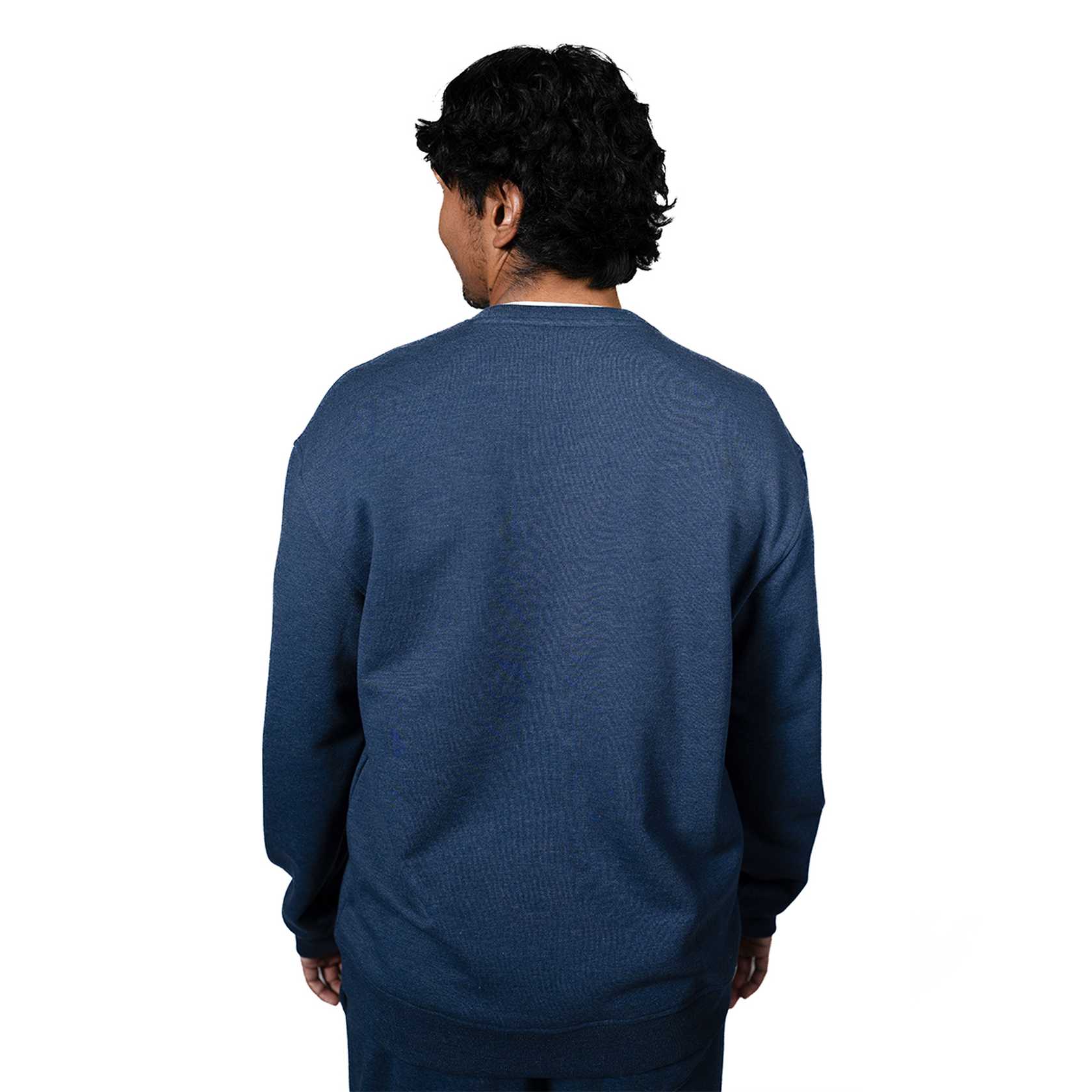 White background, image showing the back of a JOOLA fleece sweatshirt, blue.