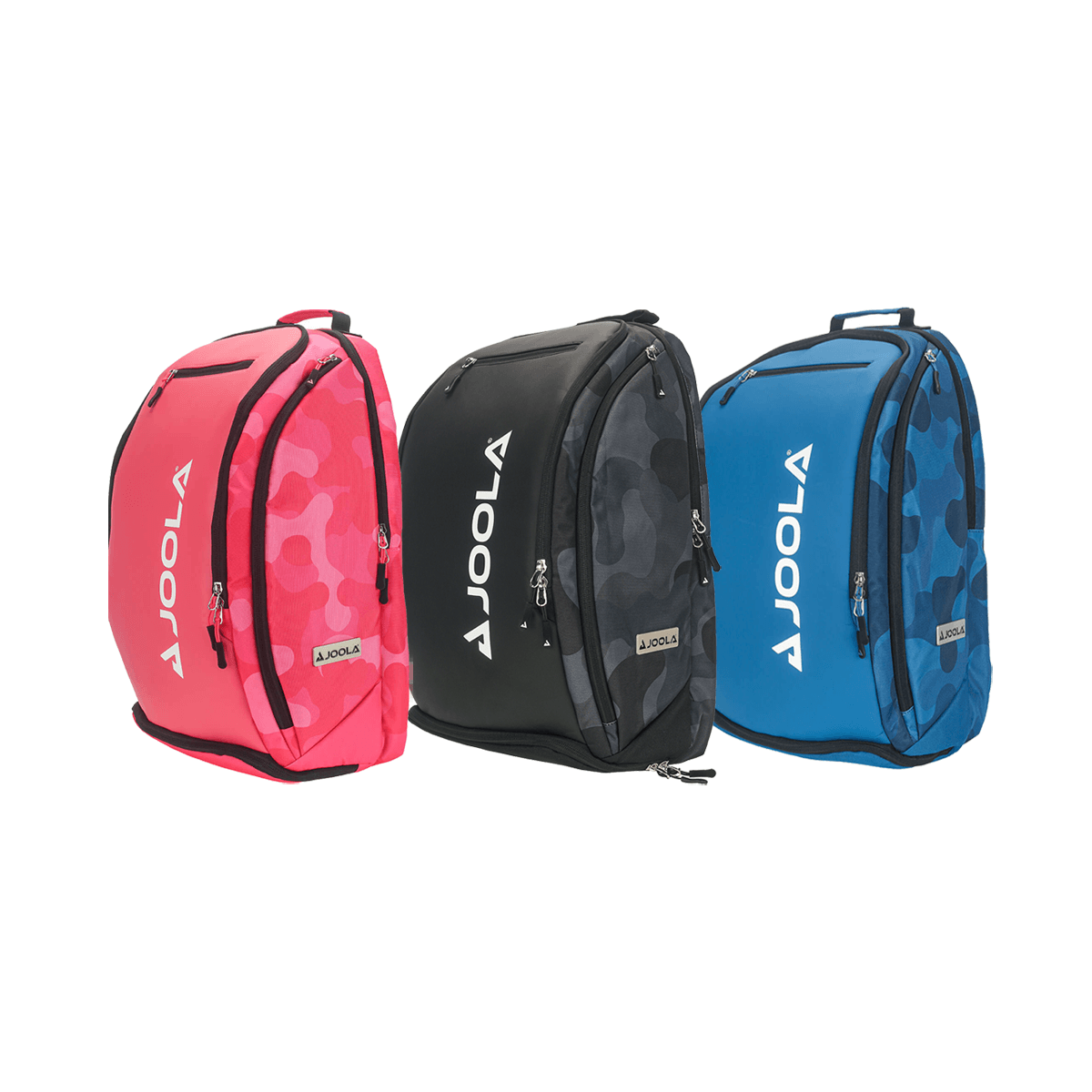 Image: JOOLA Vision II Deluxe Backpacks in Pink, Black, and Blue (Left to Right)