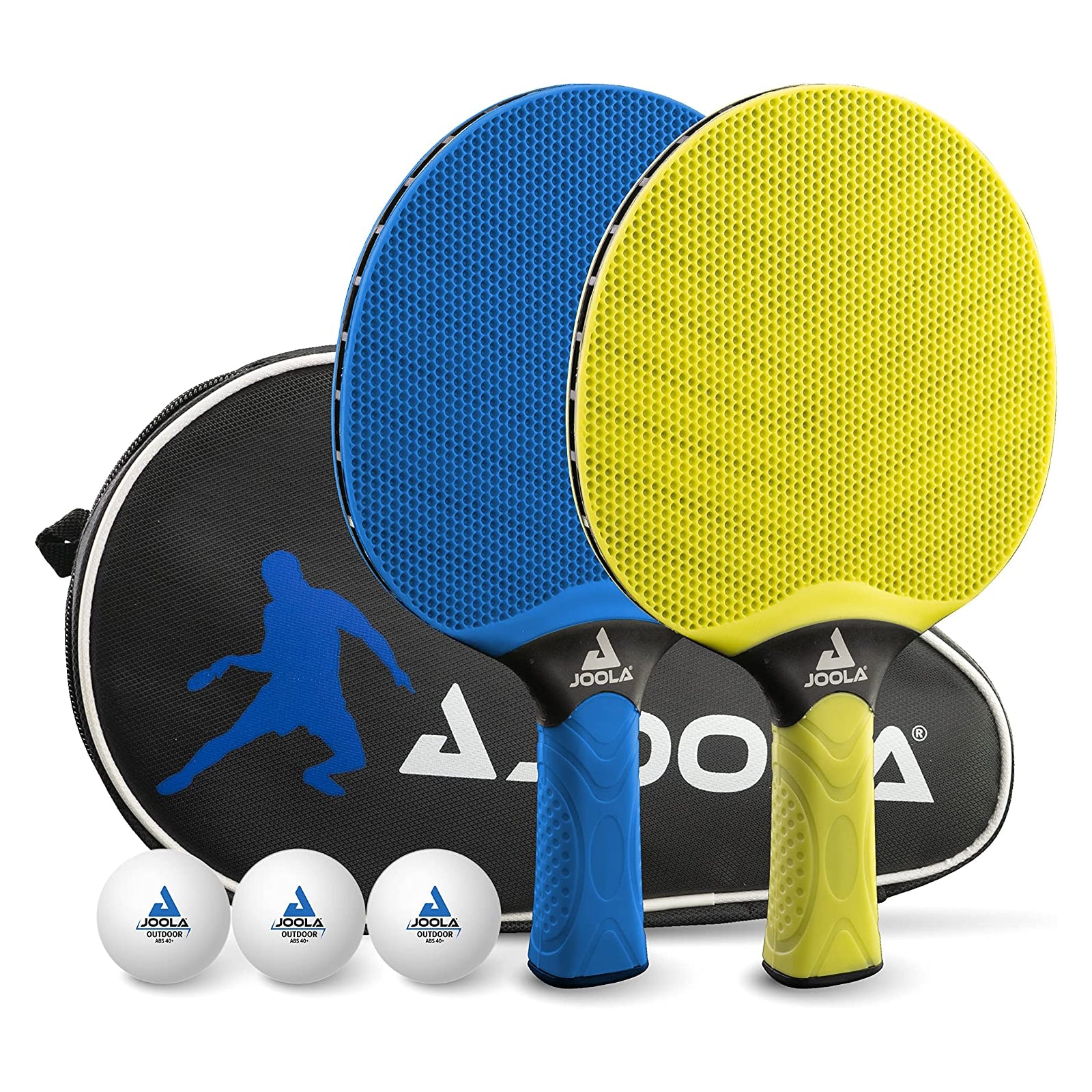 White background image of the JOOLA Vivid Outdoor Table Tennis Racket Set. Comes with one blue racket, one yellow racket, a paddle case and three table tennis balls.