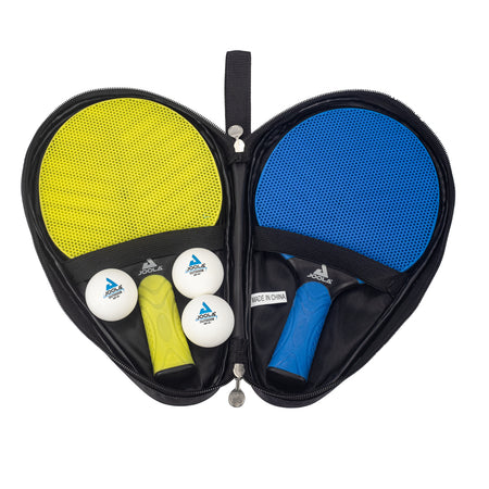 White background image showing an open Vivid Outdoor Racket set with a Yellow Paddle and a Blue Paddle, with three table tennis balls.