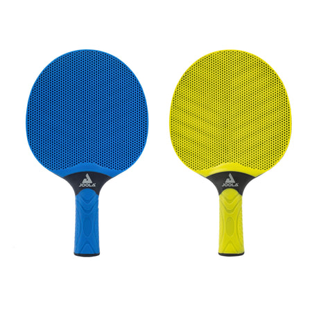 White background image showing a one blue and one yellow vivid outdoor table tennis racket.