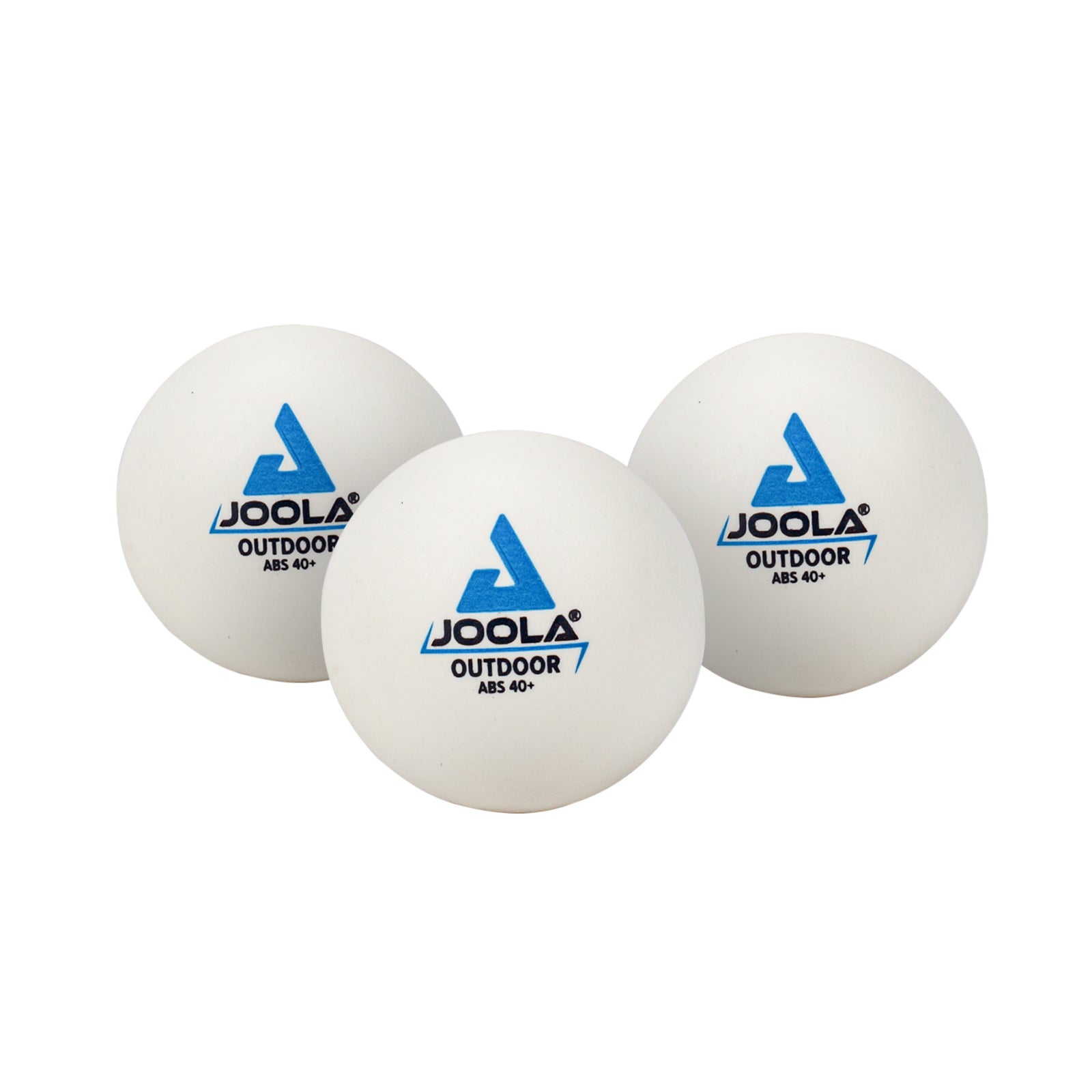 White background, product image of three JOOLA outdoor table tennis balls.