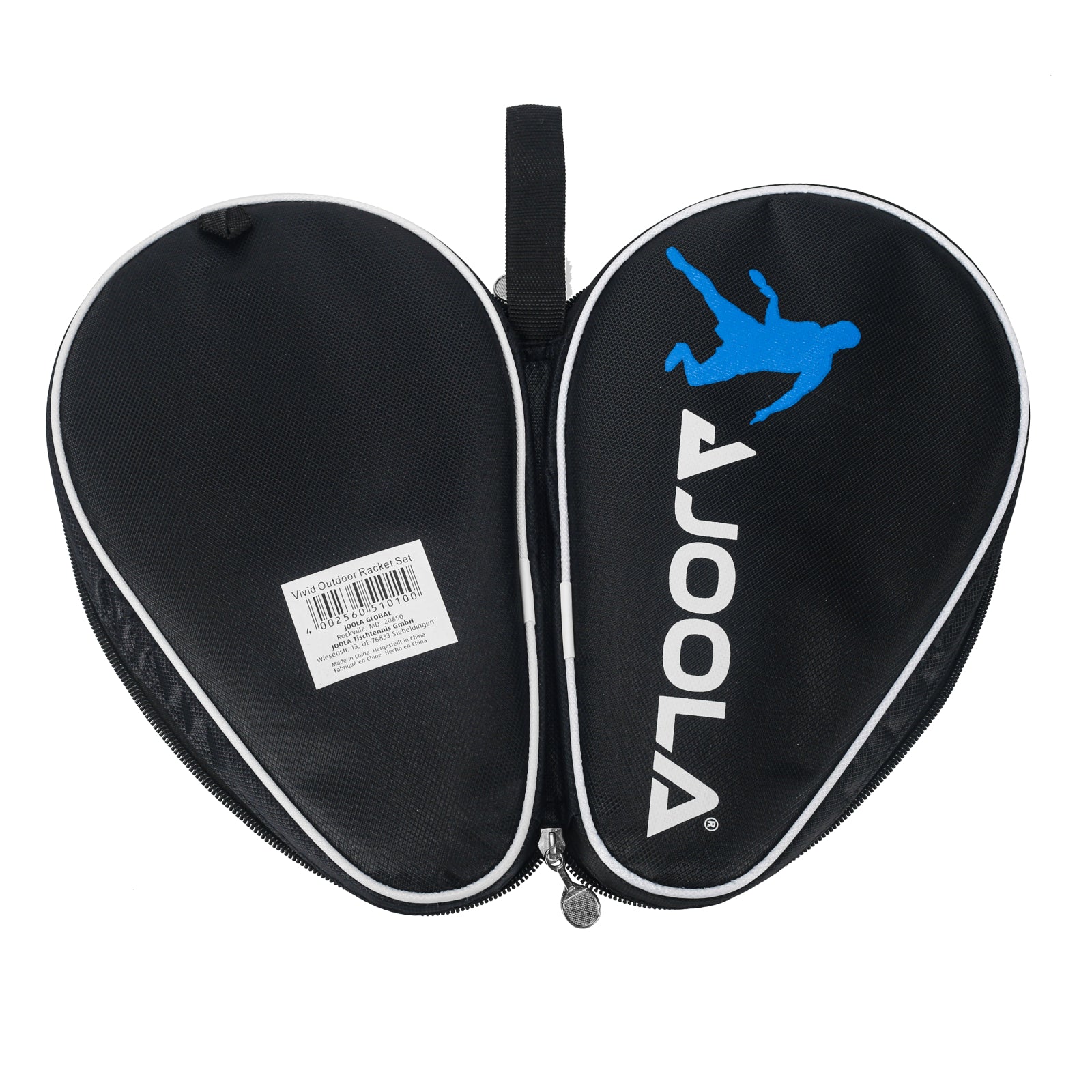 White background image showing a open and spread out JOOLA vivid outdoor racket set case.