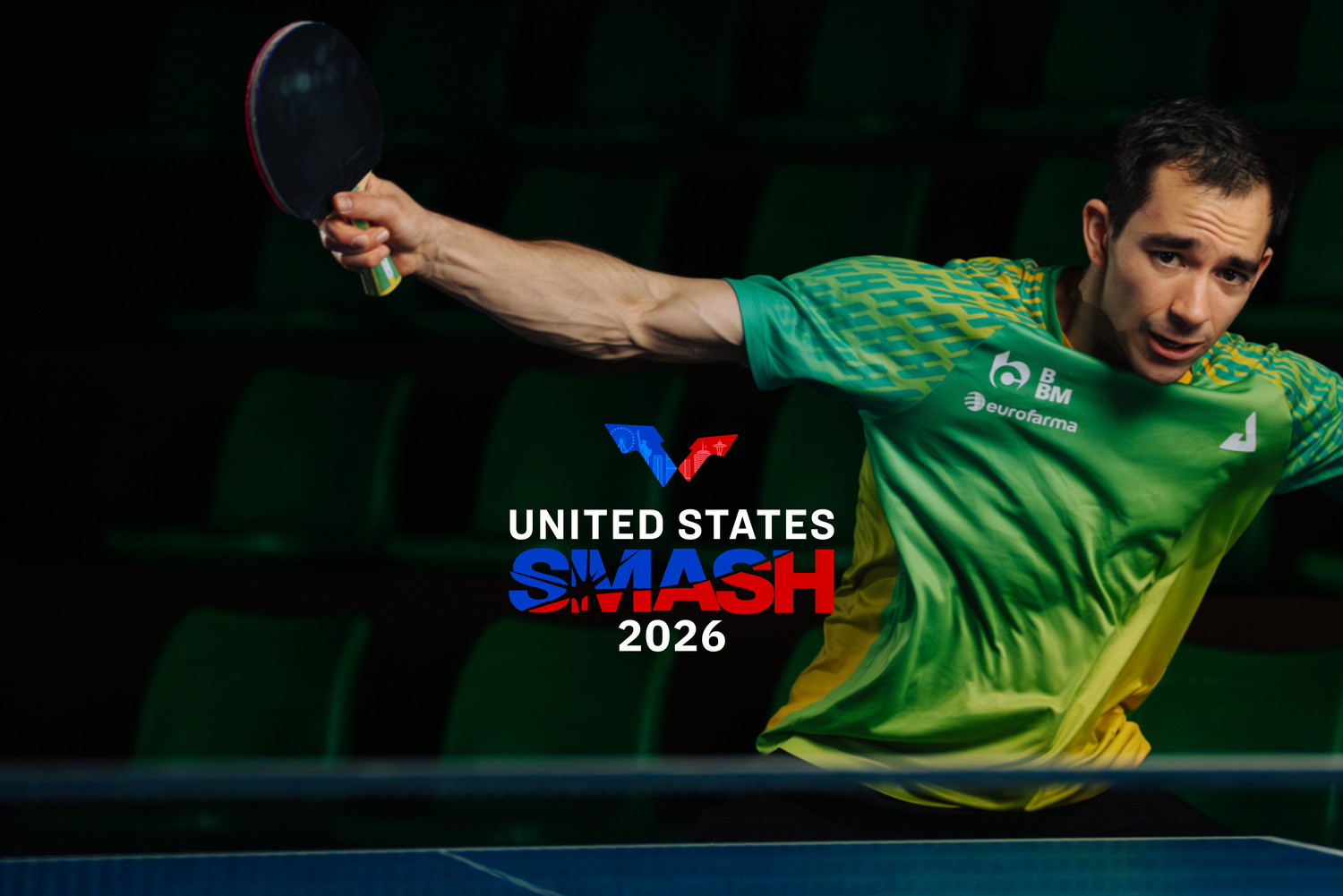 Table tennis player, Hugo Calderano, in action with 'United States Smash 2026' logo in the background.
