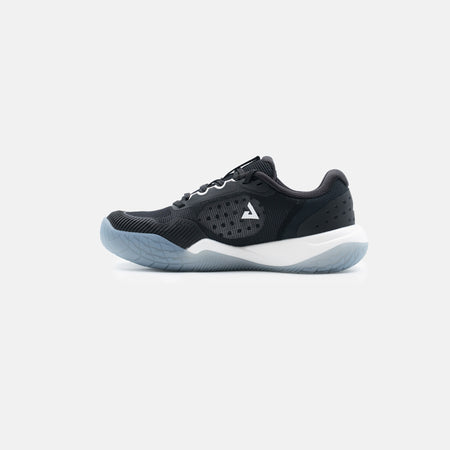 White background, image of a women's R4LLy pickleball shoe, black colorway.