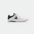 White background, product image showing the outside sole of a JOOLA TT SM4SH table tennis shoe, white and navy blue colorway.