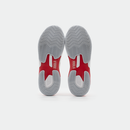 White background, product image of showing the bottom of a pair of JOOLA TT SM4SH table tennis shoes, red and white colorway.