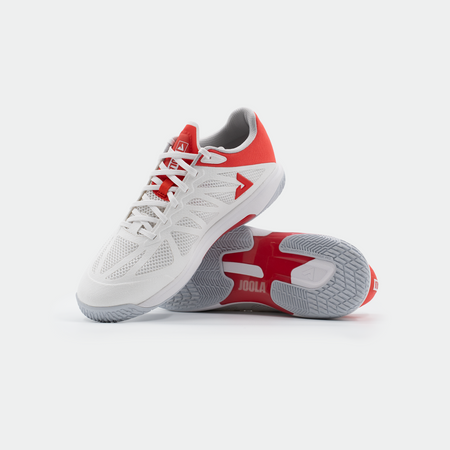 White background, product image of a pair of JOOLA TT SM4SH table tennis shoes, white and red colorway.