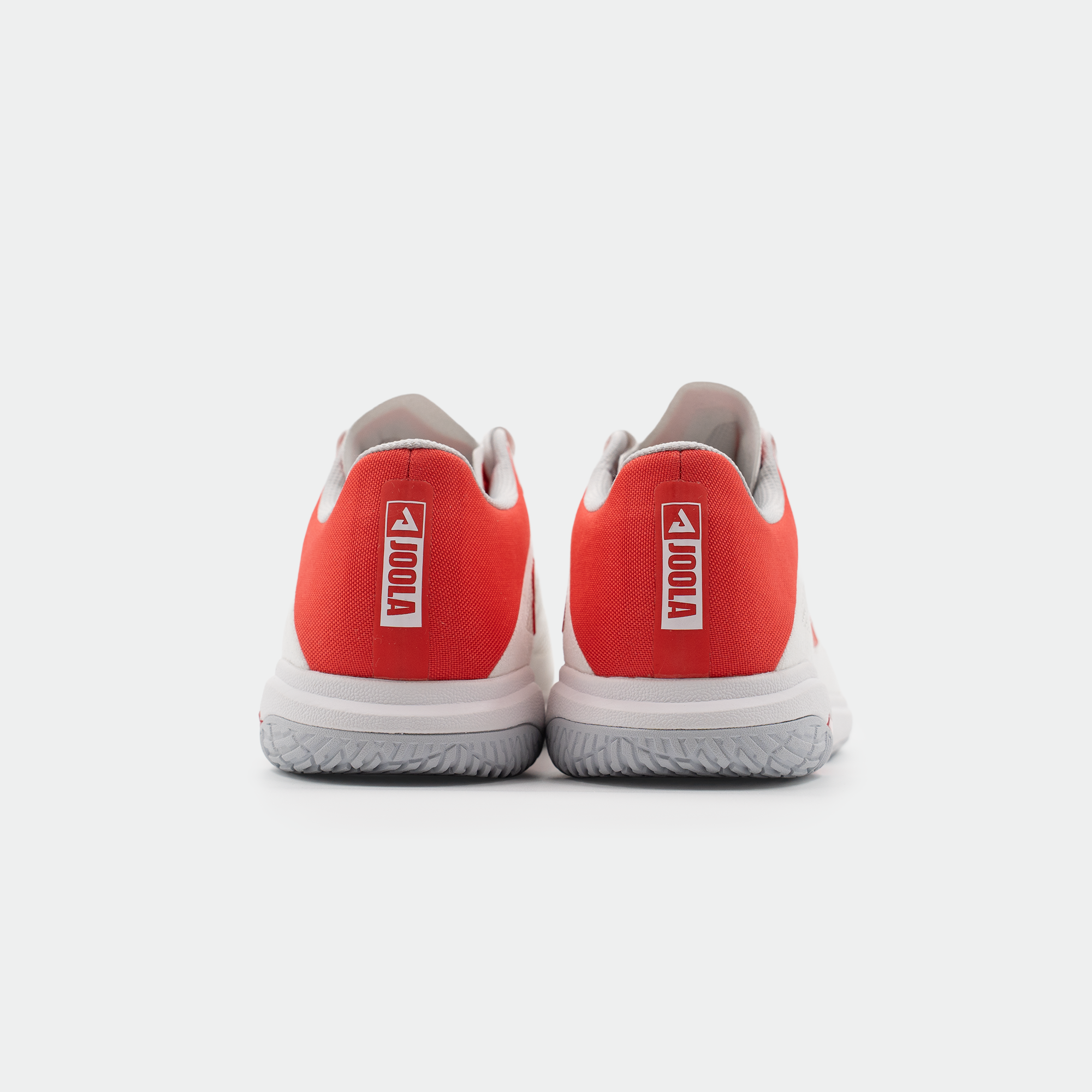 White background, image showing the back of a pair of JOOLA TT SM4SH table tennis shoe, white and red colorway.