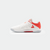 White background, product image showing the outside heel on a pair of JOOLA TT SM4SH table tennis shoes, white and red colorway.
