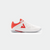 White background, product image showing the outside sole of a JOOLA TT SM4SH table tennis shoe, white and red colorway.
