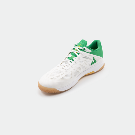 White background, product image of a white and green JOOLA TT SM4SH table tennis shoe.