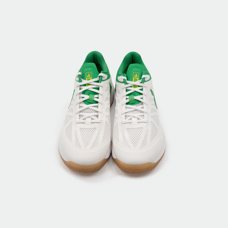 White background, top down view of a pair of JOOLA TT SM4SH table tennis shoes.