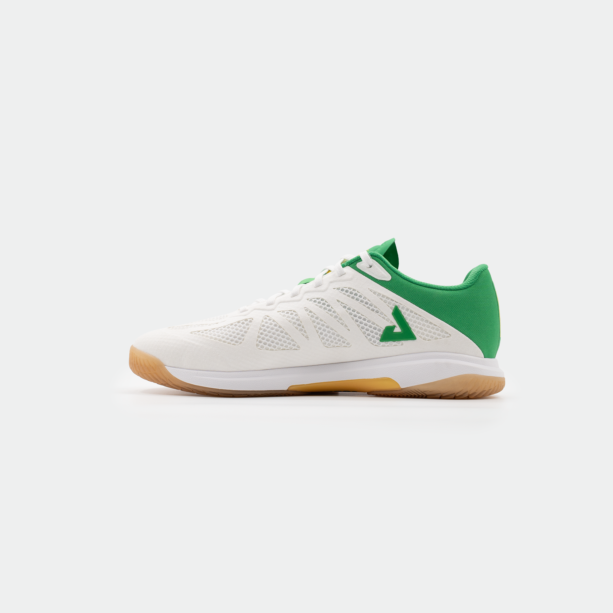 White background, product image of a white and green colorway for the JOOLA TT SM4SH table tennis shoe.