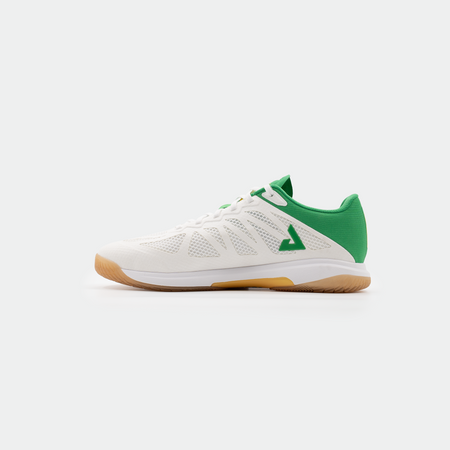 White background, product image of a white and green colorway for the JOOLA TT SM4SH table tennis shoe.