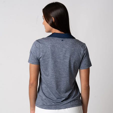 Image showing the back of a female model wearing a JOOLA Women's Club Polo, Navy Heather.