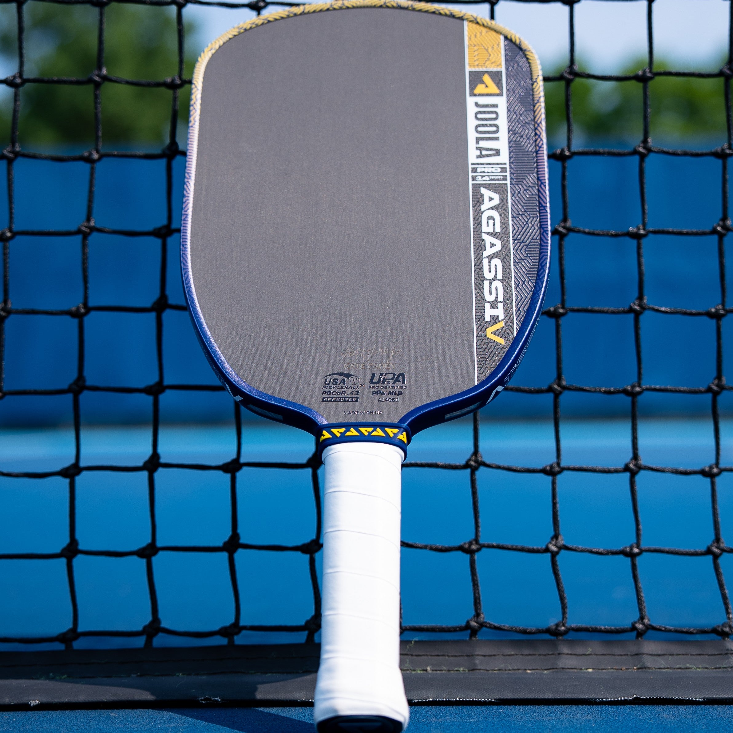 Image of a JOOLA Dual Signature Kate Fahey and Brooke Buckner Agassi Pro V pickleball paddle resting against a pickleball net.