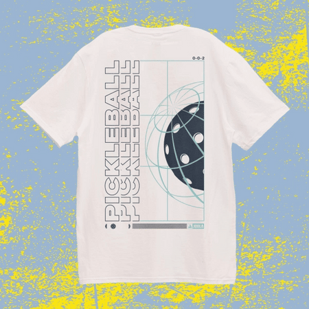 Moving image of a white JOOLA graphic tee with a blue and yellow stlyed background.