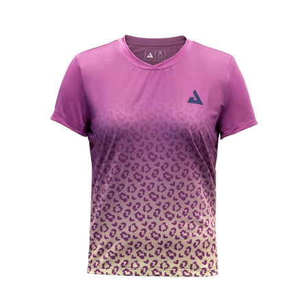 White background, product image showing the purple JOOLA Leopard Gradient Feminina table tennis shirt.