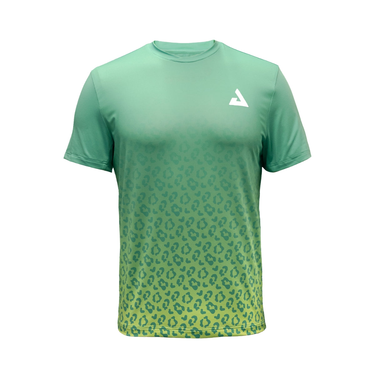 White background, product image showing a JOOLA Leopard Print Camiseta table tennis shirt, green and yellow.