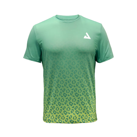 White background, product image showing a JOOLA Leopard Print Camiseta table tennis shirt, green and yellow.
