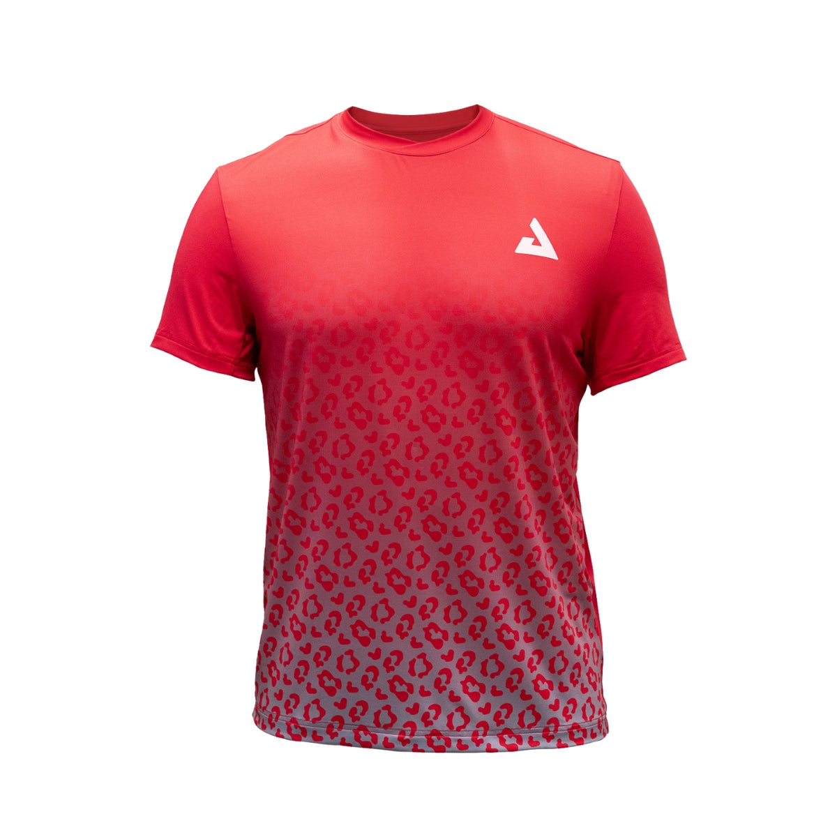 White background, product image showing a JOOLA Camiseta Leopard  Ardvermelha print table tennis shirt.
