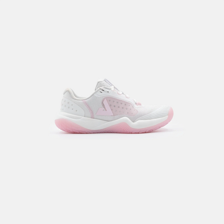 White background, product image showing the inside of a JOOLA Women's R4LLy pickleball shoe, pink and white colorway.
