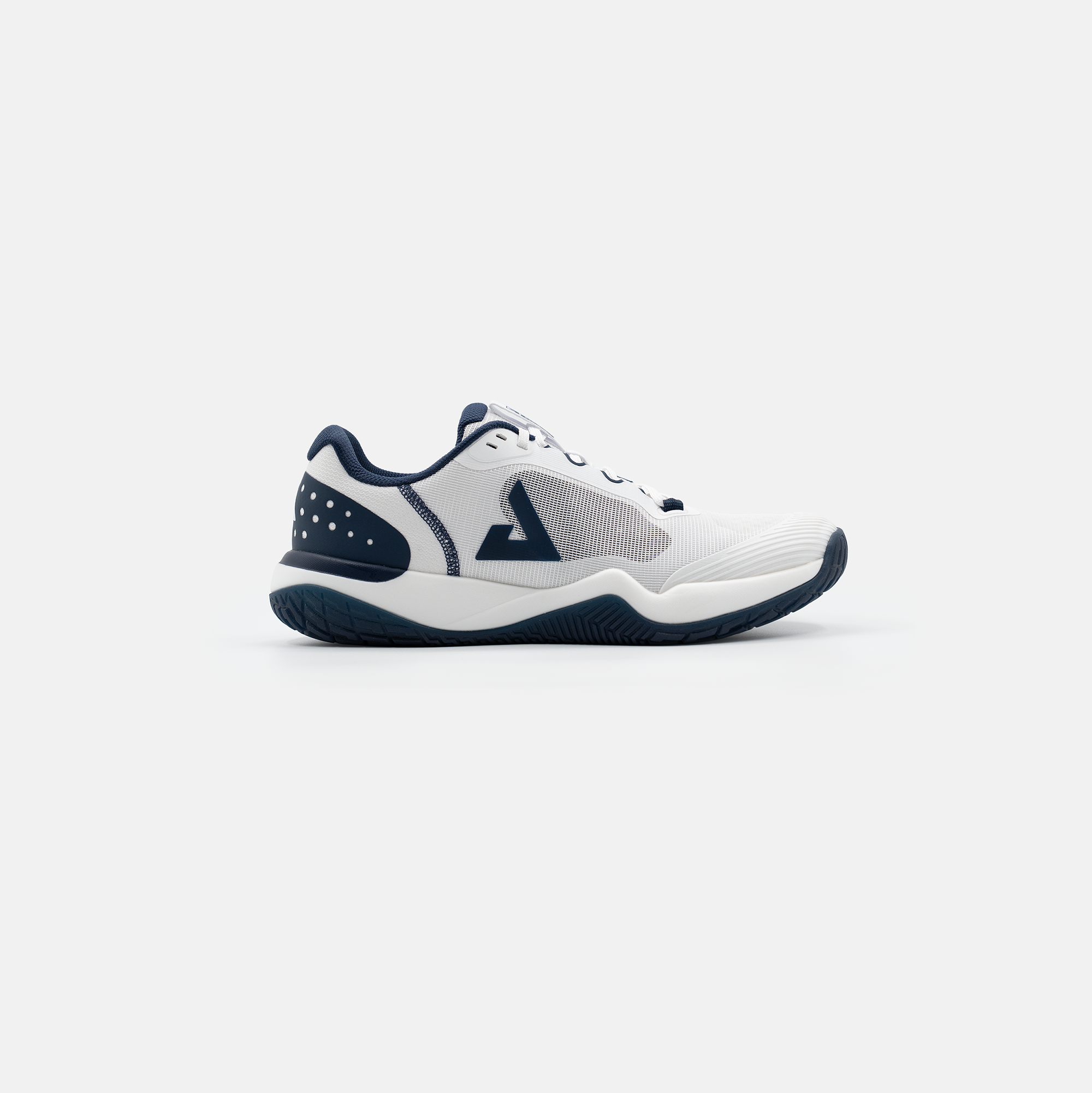 White background, product image shoting the outside of a right footed JOOLA Men's R4LLy Pickleball shoe, navy blue and white.