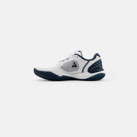 White background, product image showing the right shoe of a pair of JOOLA Men's R4LLy pickleball shoe, navy blue and white.