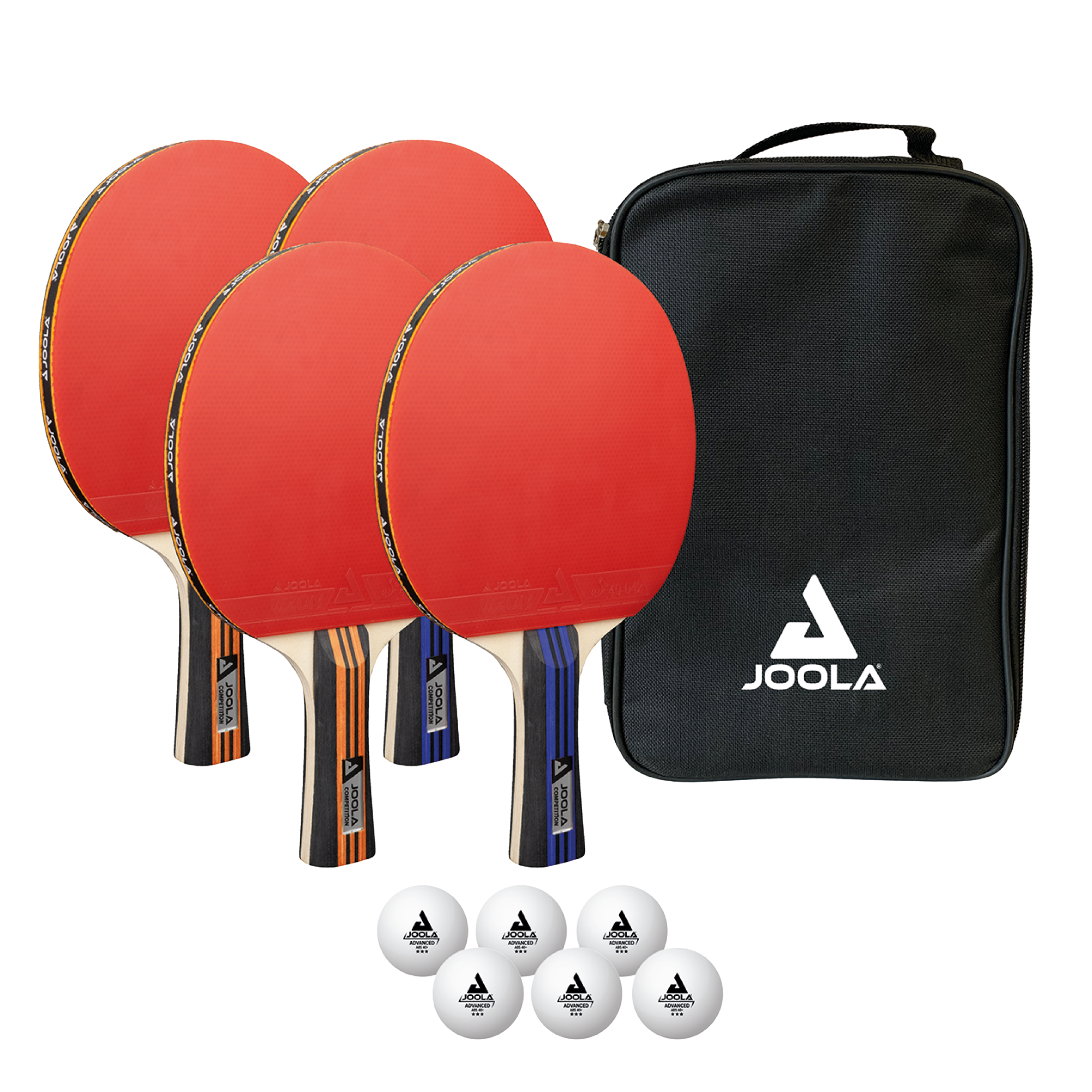 Set of red ping pong paddles with black carrying case and white balls on a white background.