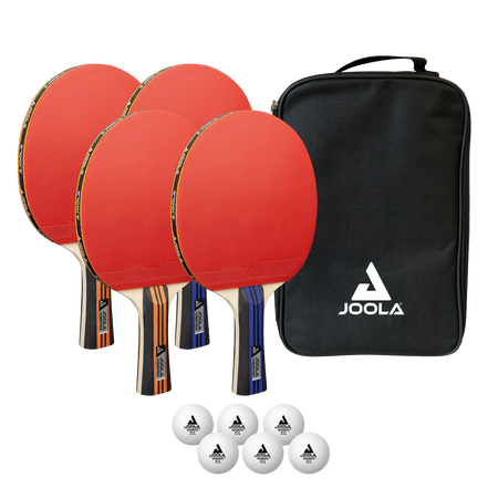 Set of red ping pong paddles with black carrying case and white balls on a white background.