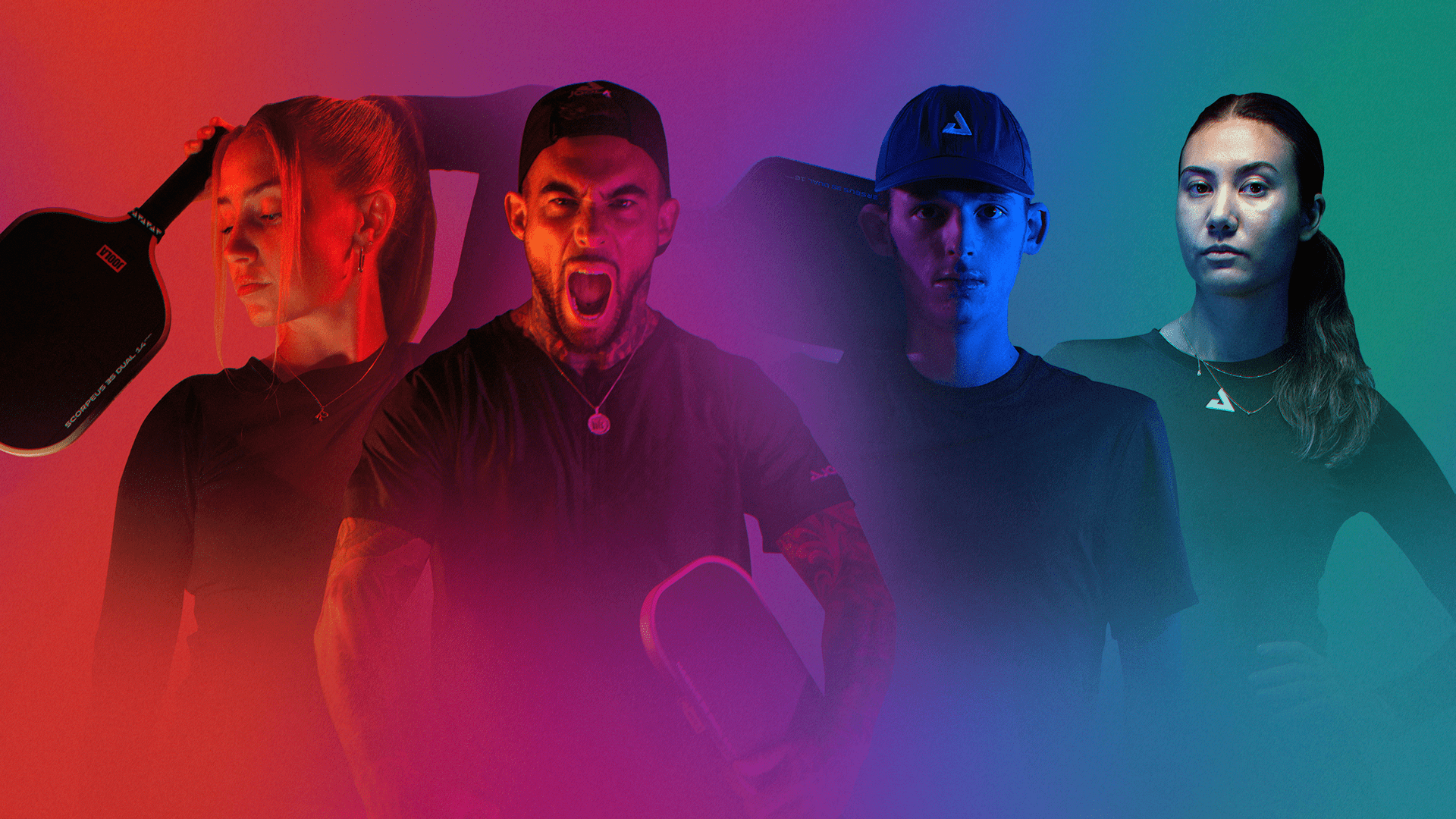 Four JOOLA pro pickleball players, with gradiant color background.