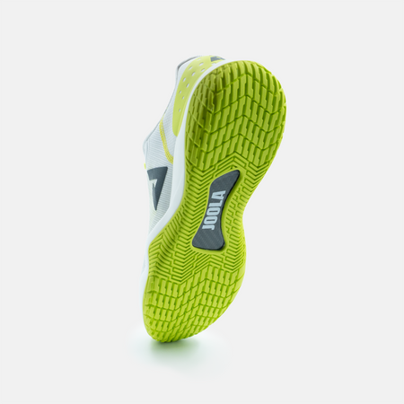 White background, product image of the Men's R4LLy pickleball shoe in Fireworks colorway, image shows the tred and carbon fiber shank on the bottom of the shoe.