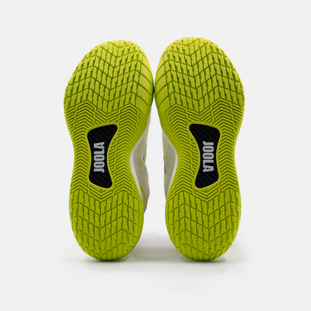 White background, product image of the Men's R4LLy pickleball shoe in lime, white and black colorway. Image shows the tred and finber carbon shank on the bottom of the shoe.