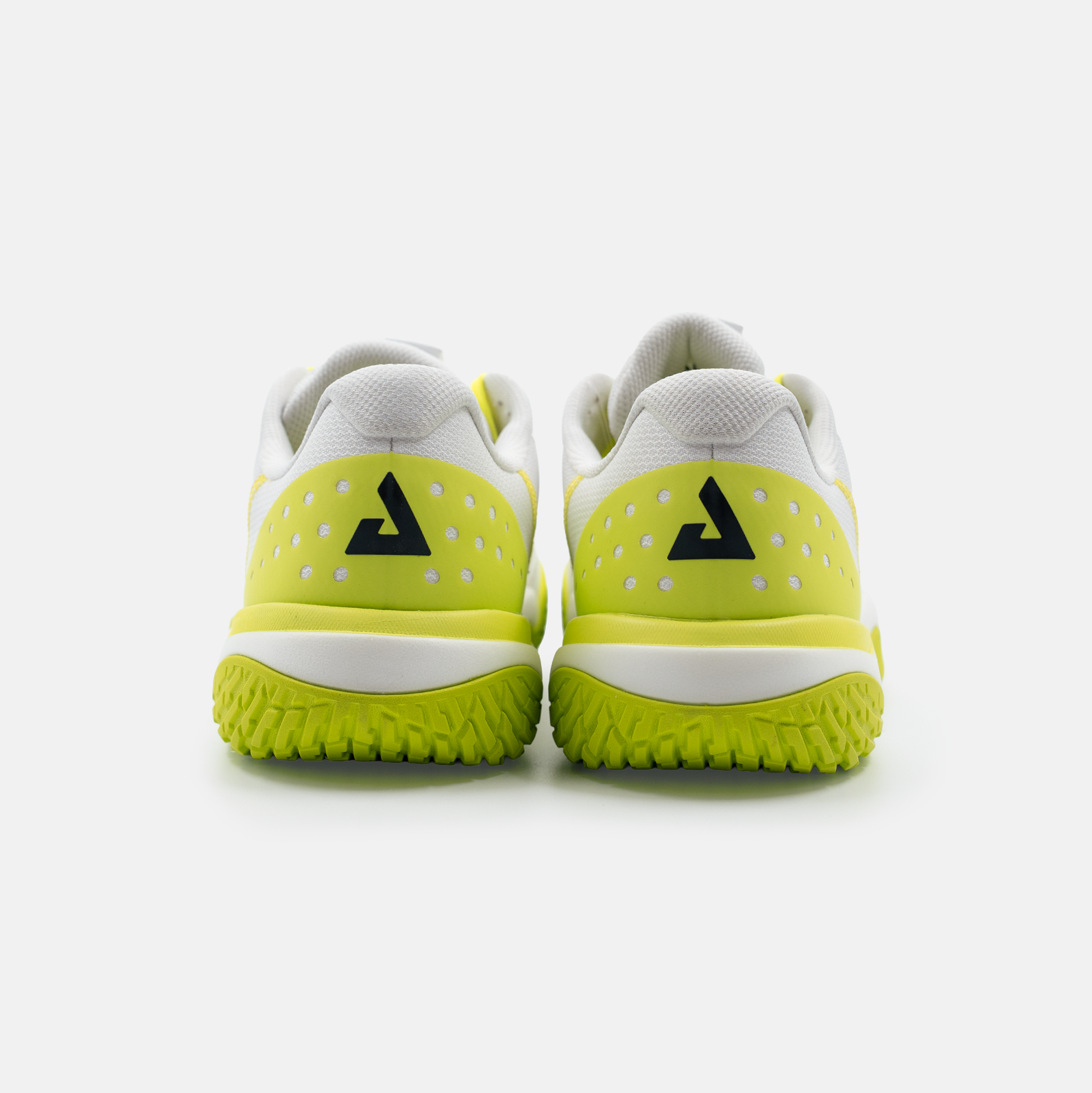 White background, product image of the Men's R4LLy pickleball shoe in lime, white and black colorway. Image shows the black JOOLA Trinity logo on the back of the shoe.