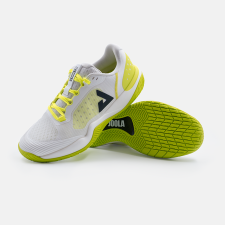 White background, product image of the Men's R4LLy pickleball shoe in lime, white and black colorway.