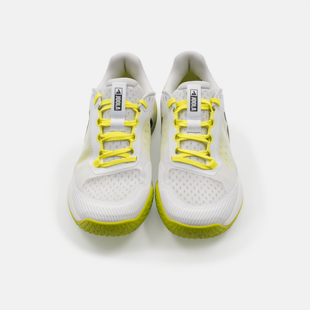 White background, top view product image of the Men's R4LLy pickleball shoe in lime, white and black colorway.