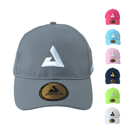 White Background Image: Large image of grey JOOLA trinity hat, on the side images of the light blue, light pink, navy, lime green and white JOOLA trinity hats.