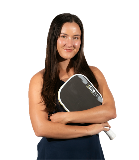 JOOLA Pro Anna Bright holding her JOOLA Scorpeus Pro IV pickleball paddle in hand with clear background.