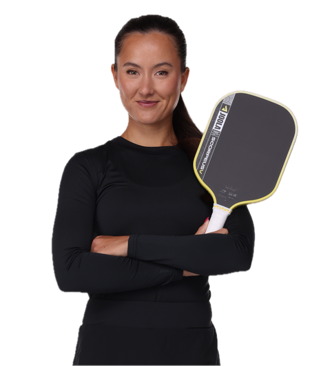Vector image of Anna Bright holding her JOOLA Scorpeus Pro V pickleball paddle.