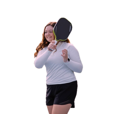 Vector image, JOOLA pro Olivia Sutton with her Scorpeus 3S pickleball paddle in hand.