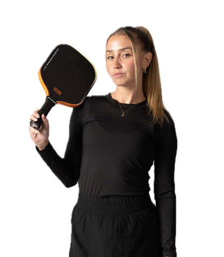 Vector image of JOOLA pro Rachel Rettger holding a JOOLA Scorpeus 3S dual pickleball paddle.