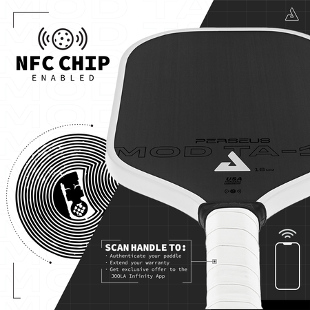 Image of a infographic displaying the specifications for the JOOLA MOD TA-15 pro player edition pickleball paddle.