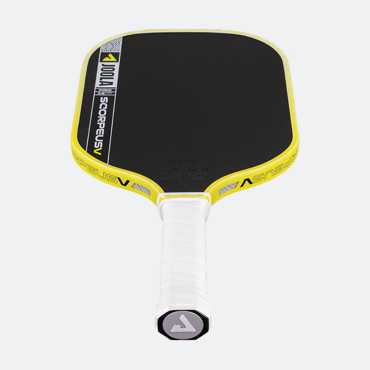 White background, product image of the JOOLA Scorpeus Pro V pickleball paddle with a yellow edge guard and white handle.