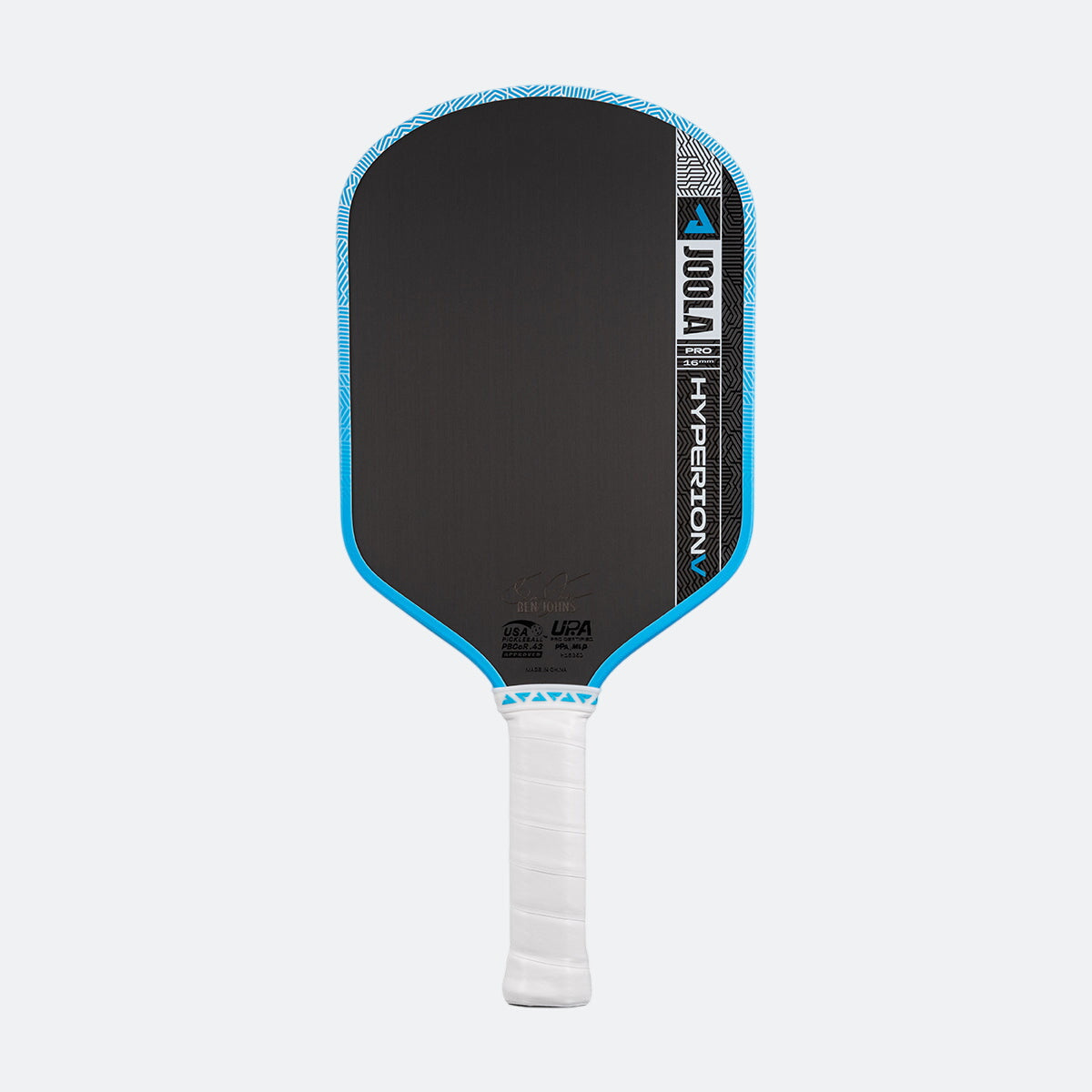 White background, image of the JOOLA Hyperion Pro V pickleball paddle, white handle, blue and white edge guard and black surface.